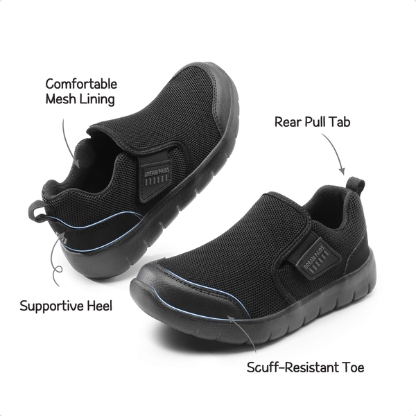 [EZ-Ons MightyMovers+] Kids Scuff-Resistant Toe Comfortable Running Shoes - ALL BLACK - 4